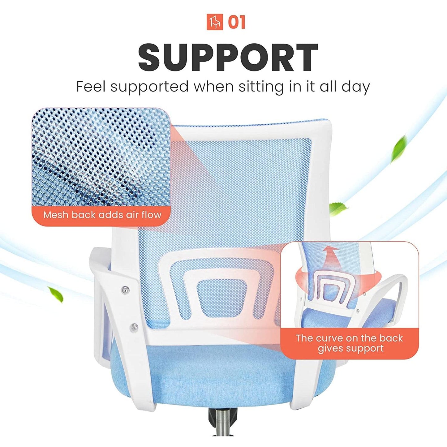 Ergonomic Blue Mesh Office Chair With Wheels Compact Size