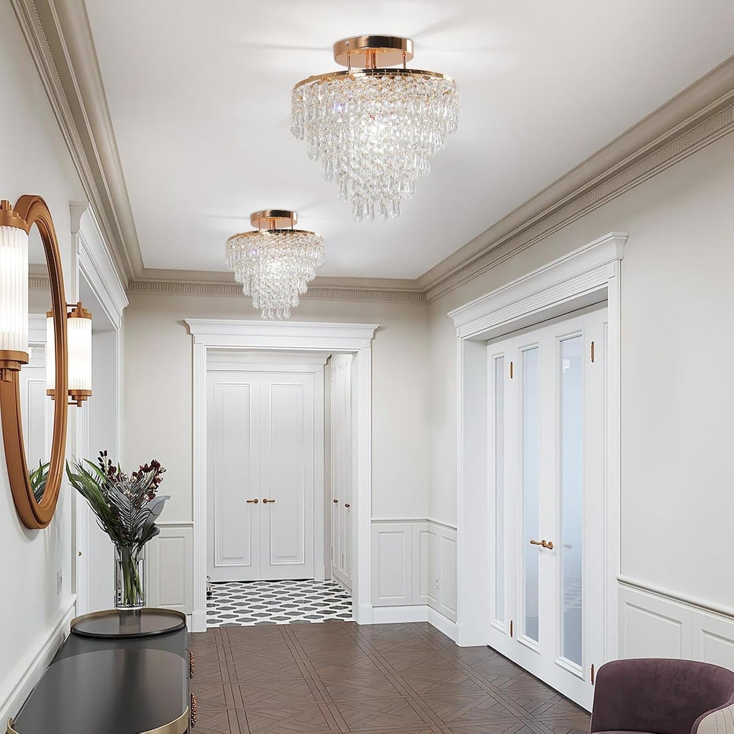 Gold Crystal Flush Mount Chandelier 30cm Ceiling Light