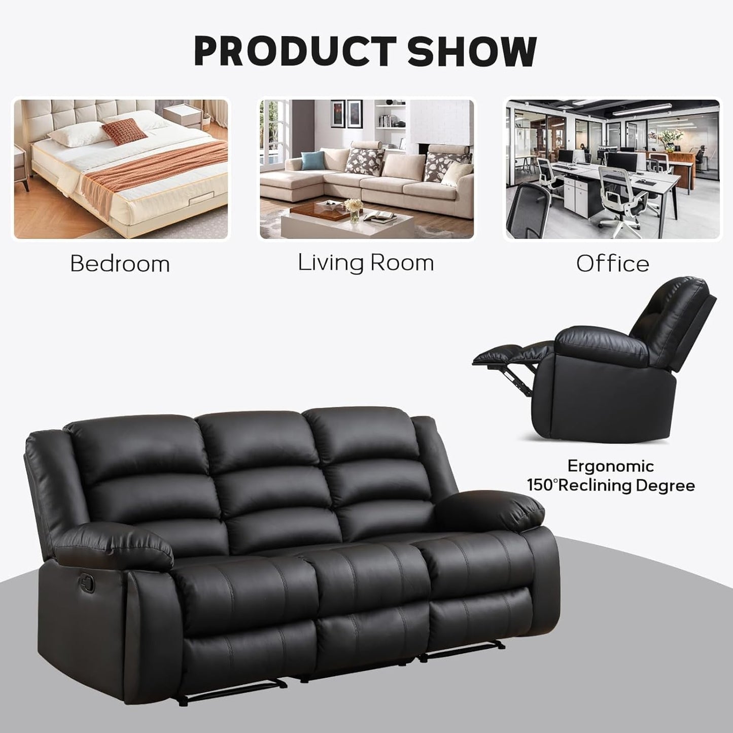Black Faux Leather Manual Recliner Sofa Set With Loveseat
