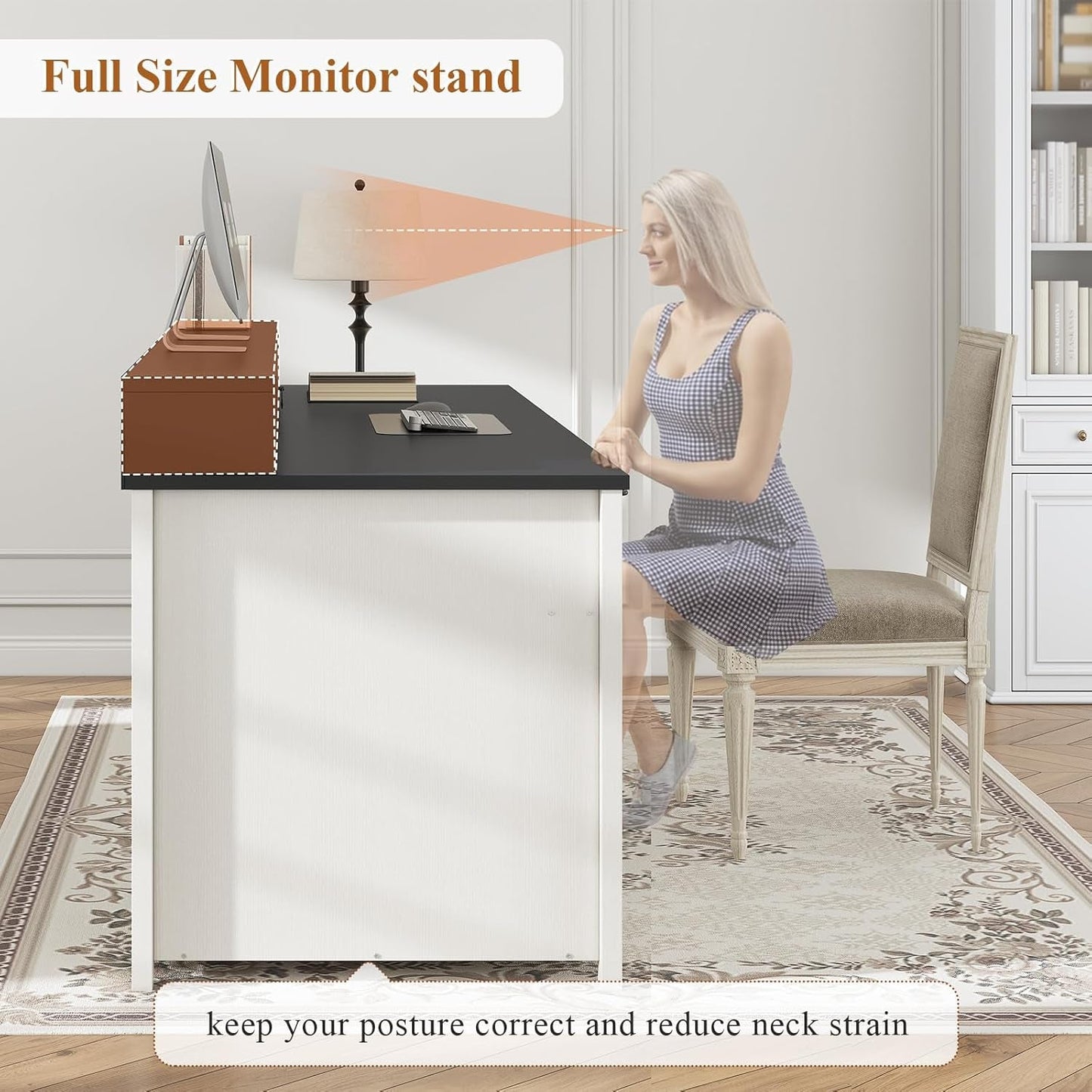 63 Inch Wide White Solid Wood Executive Desk With Drawer