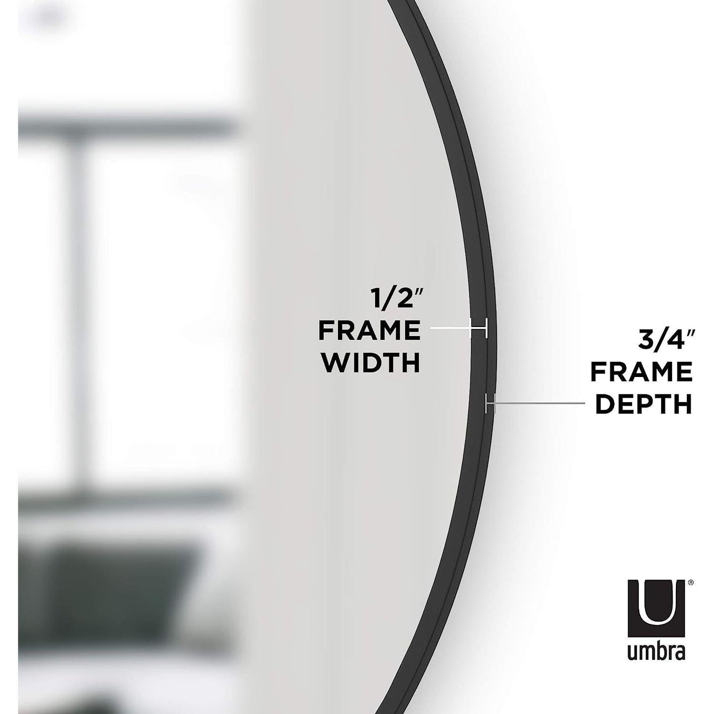 Round Rubber Wall Mirror 37 Inch diameter frame details, showing 1/2 inch width and 3/4 inch depth for stylish design.