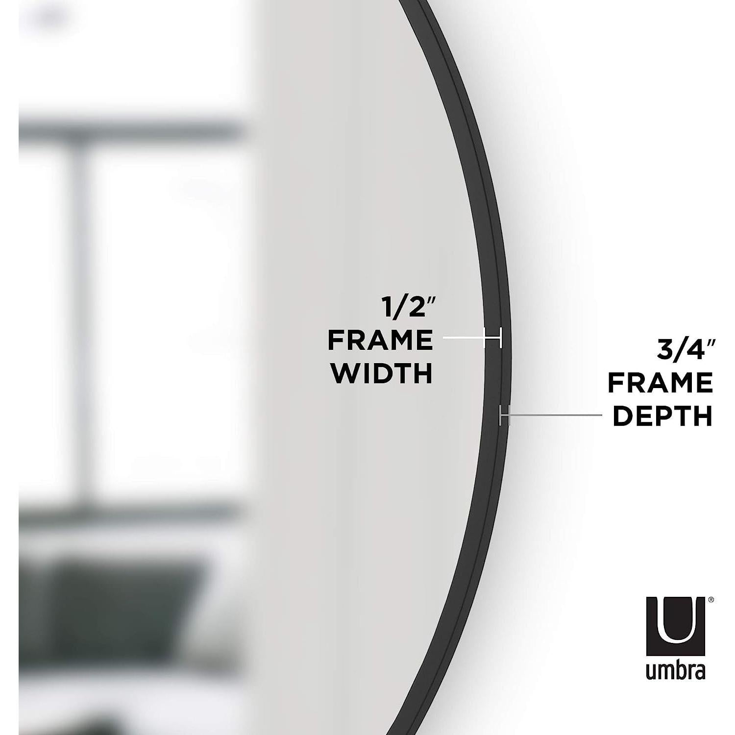 Round Rubber Wall Mirror 37 Inch diameter frame details, showing 1/2 inch width and 3/4 inch depth for stylish design.