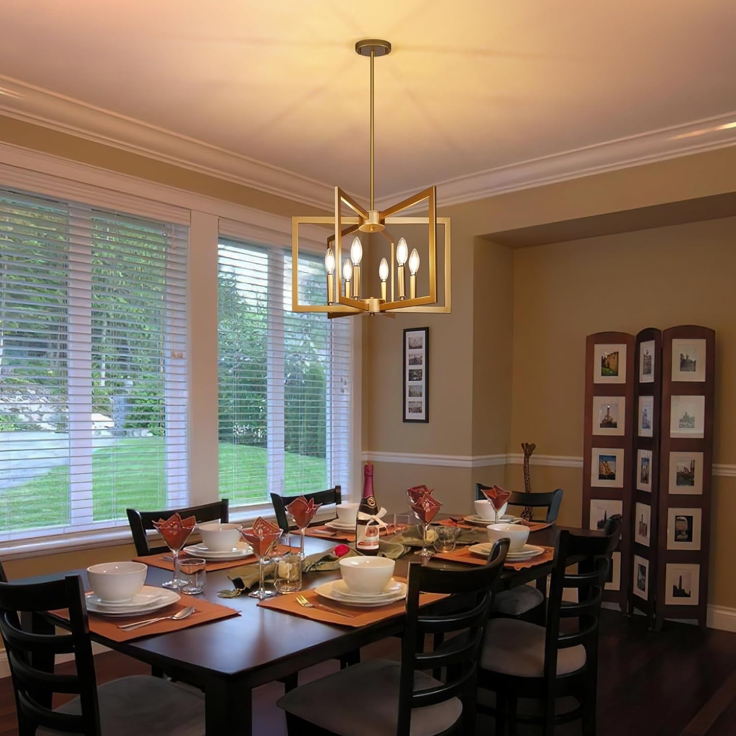 Six Light Gold Pendant Light Modern Farmhouse Chandelier illuminating a dining room with elegant decor.