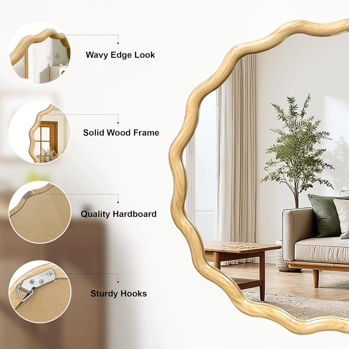 Round Wood Wall Mirror 24 Inch Shatterproof Glass Mounted