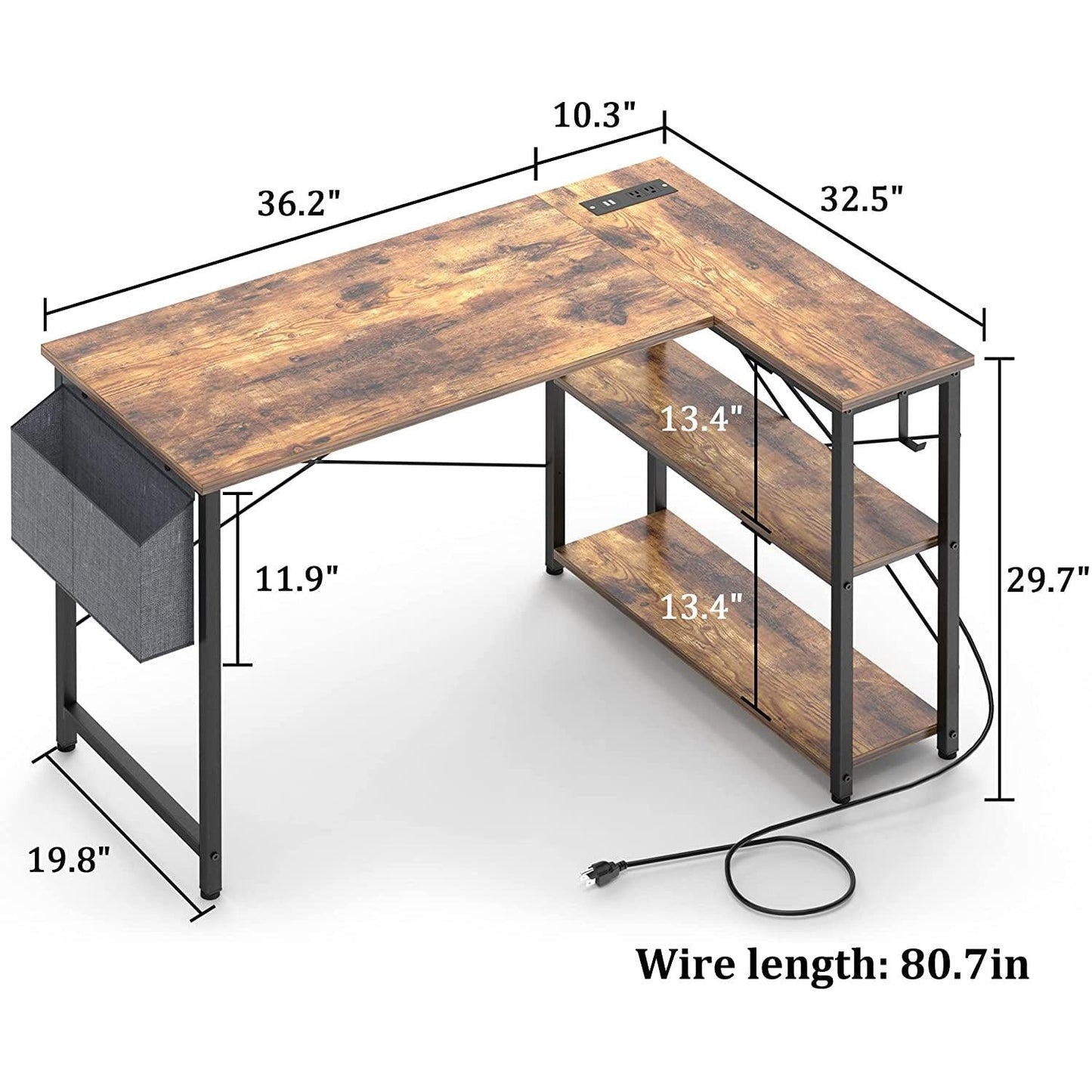 L Shaped Desk With 2 USB Ports And Outlets For Home Office
