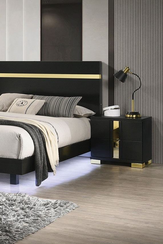 Modern Black 3pc Bedroom Set Full Size Bed w LED 2x Nightstands Mattress Ready Furniture Acrylic Trim