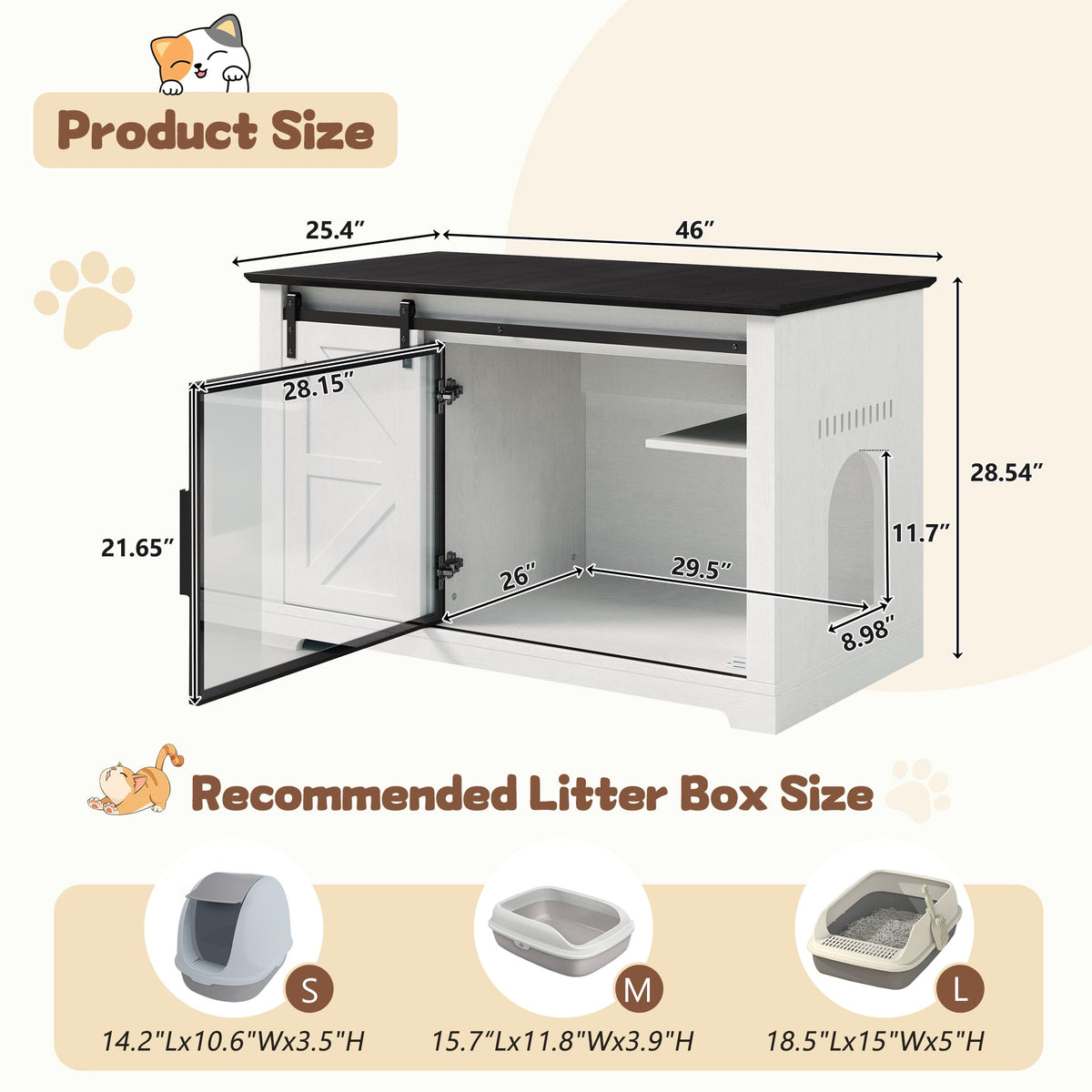 46" Farmhouse Cat Litter Box Enclosure with Sliding Barn Door