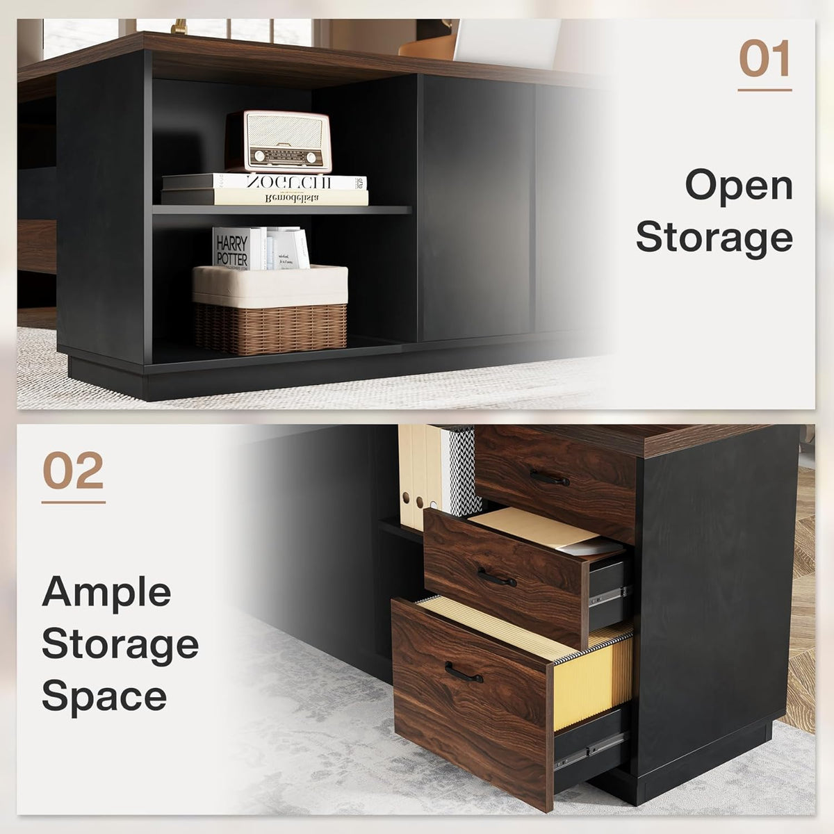 78.7" L-Shaped Executive Desk with File Cabinet & Drawers