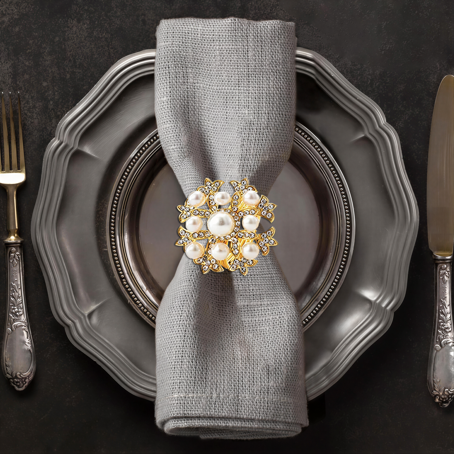 Gold Floral Napkin Rings – Elegant Pearl Design, Durable Rust Resistant Table Setting