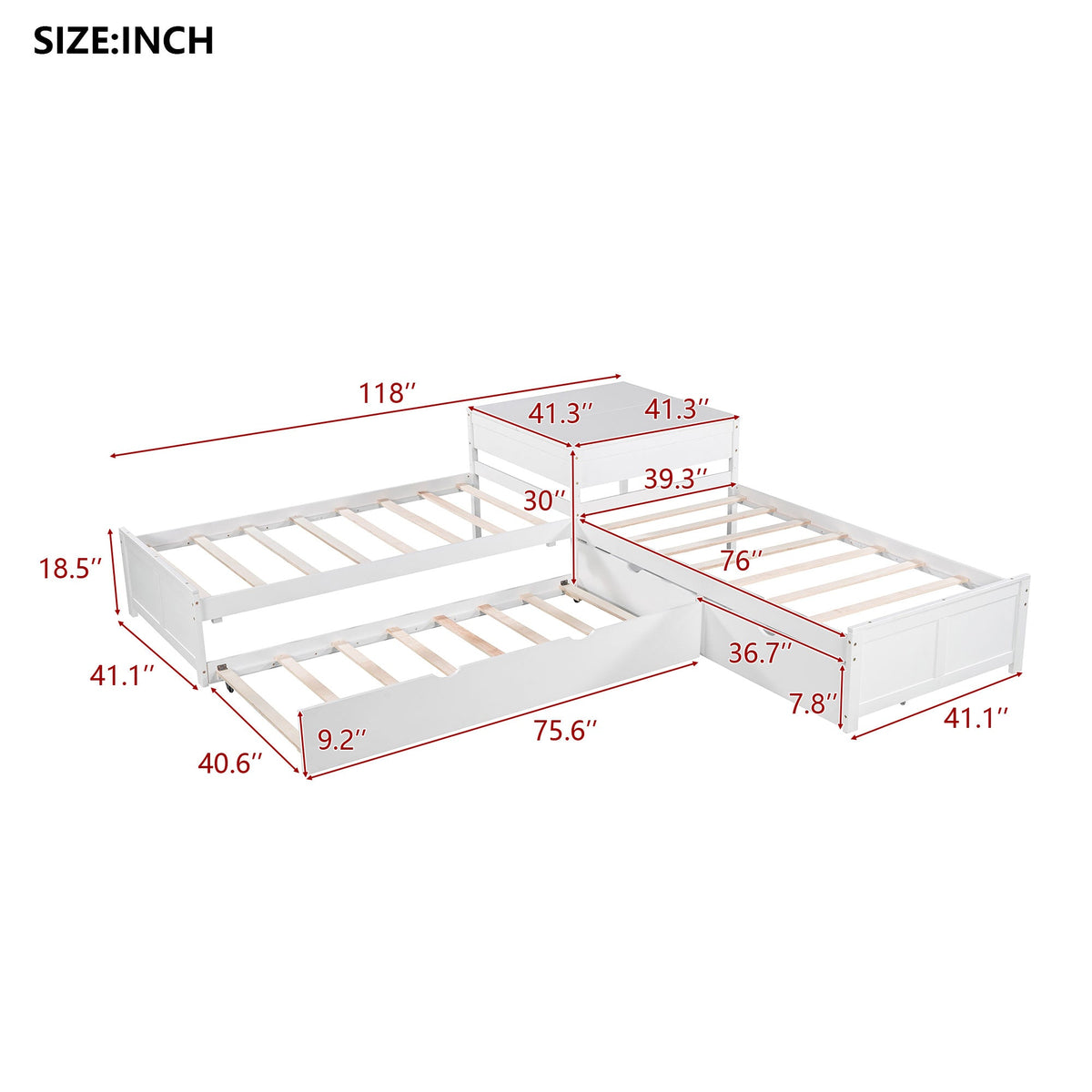 L-shaped Platform Bed with Trundle and Built-in Desk
