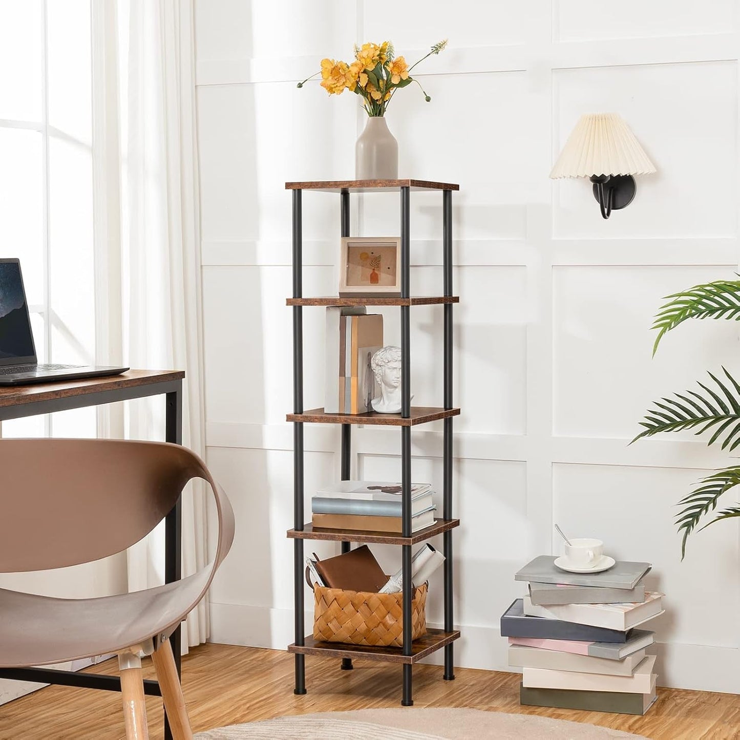 Five Tier Corner Shelf Stand Rustic Brown And Black Bookcase