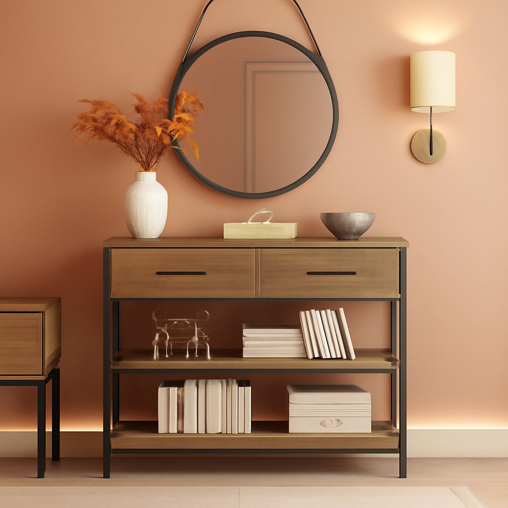 Rustic Brown Industrial Console Table With Storage Shelves