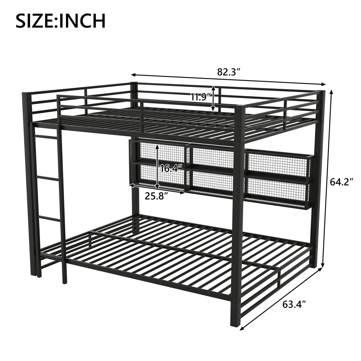 Metal Queen Over Queen Bunk Bed with Storage Cabinets and LED