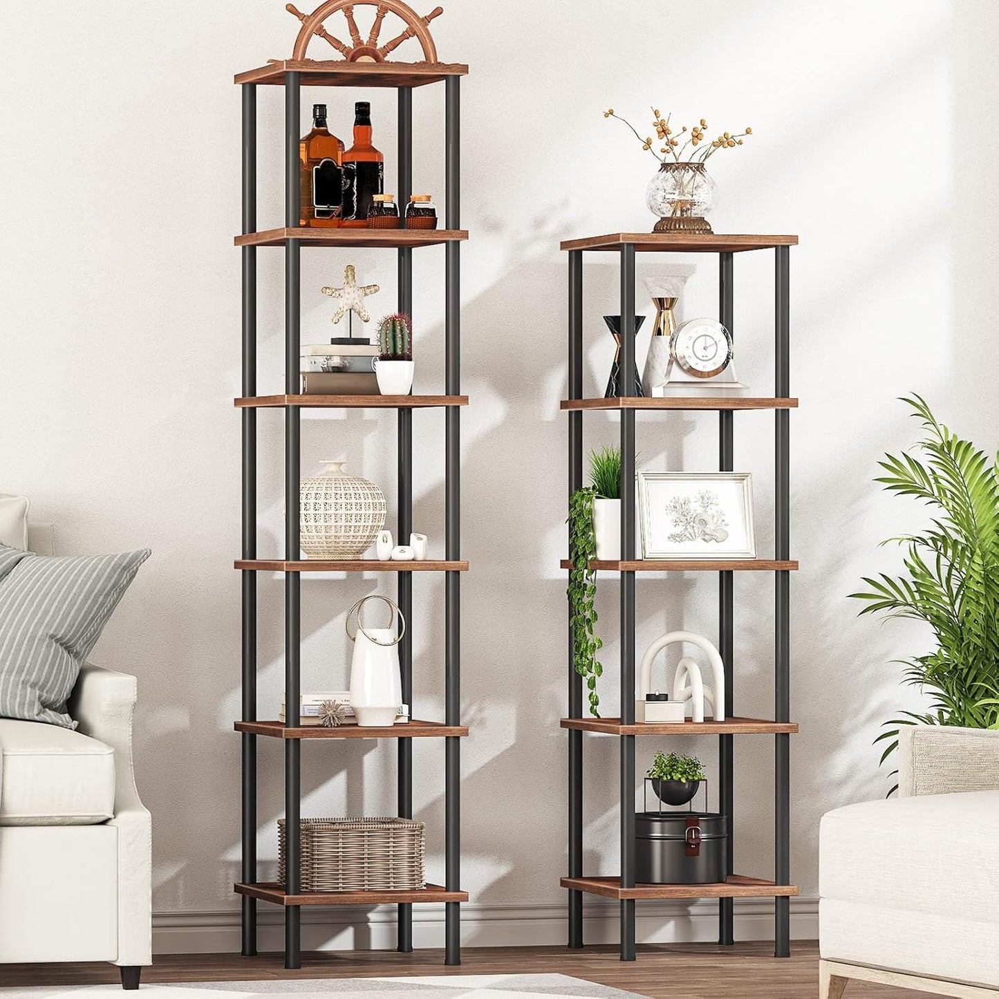 Five Tier Corner Shelf Stand Rustic Brown And Black Bookcase
