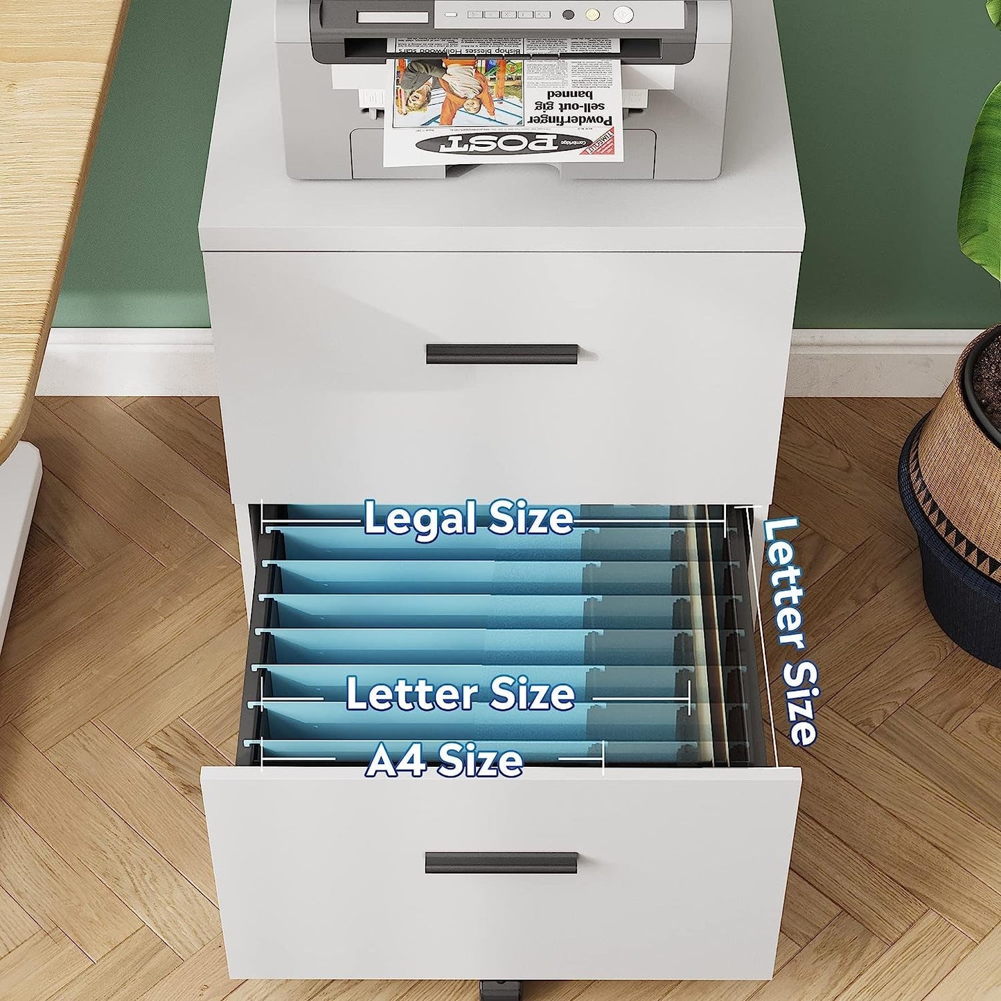 Mobile White Wood Lateral File Cabinet With 2 Drawers