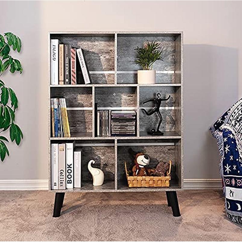Three Tier Grey Bookshelf For Small Spaces With Crisscross