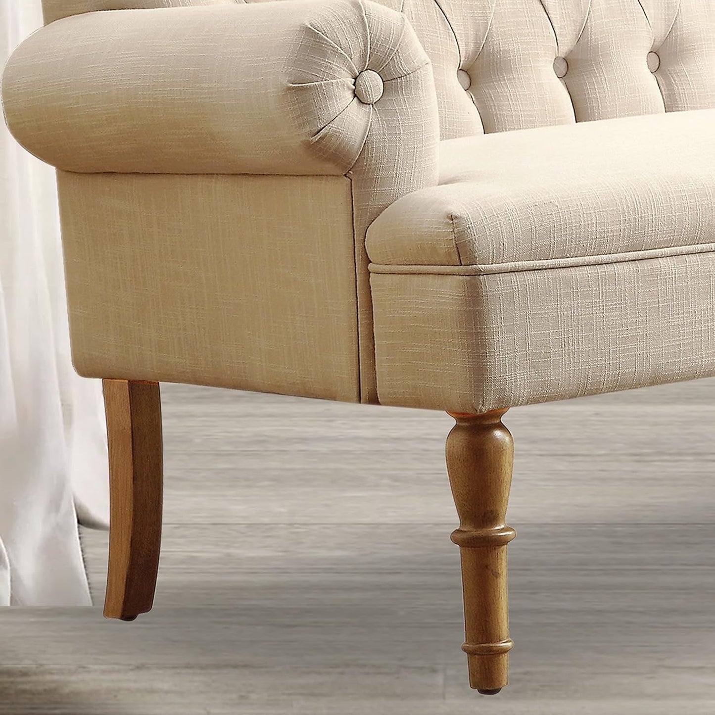 Beige Linen Loveseat Sofa With Sinuous Spring Support featuring tufted design and wooden legs.
