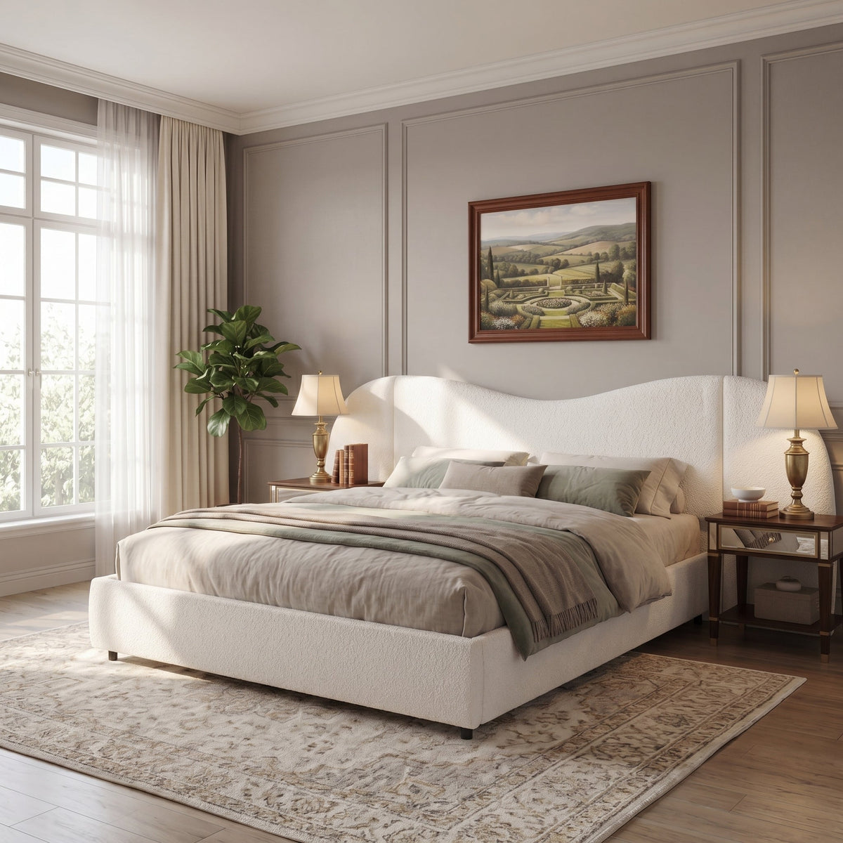 King Size Upholstered Bed Frame With Boucle Fabric Curved Headboard