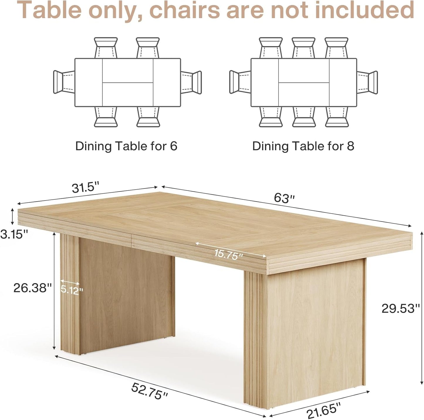 63 Inch Farmhouse Dining Table Seats 6 With Fluted Lines