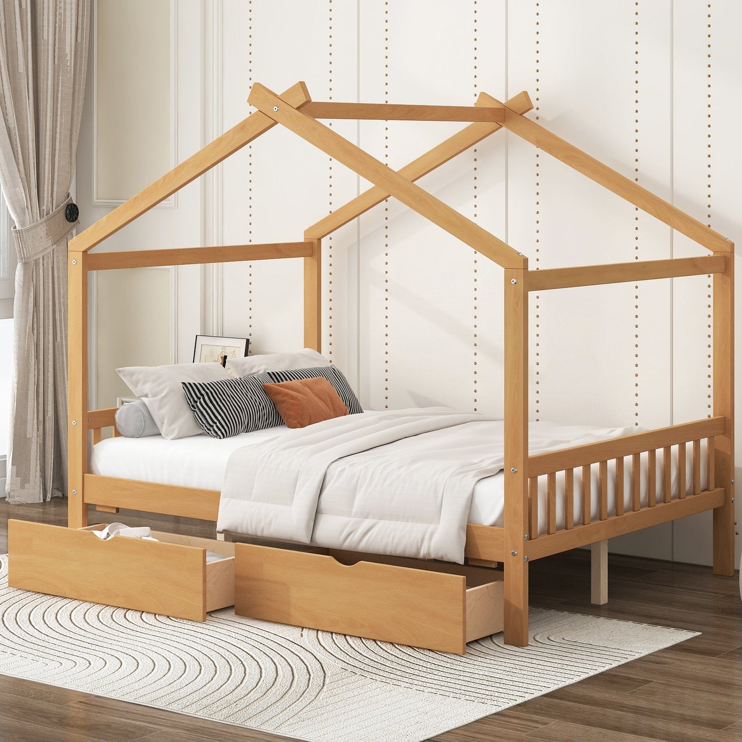 Full Size House Platform Bed with Two Drawers, Headboard and Footboard, Roof Design