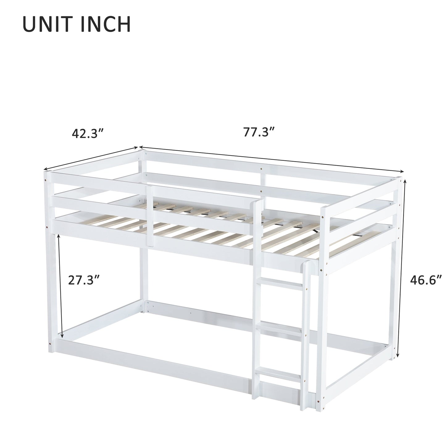 Solid Wooden, Solid Rubber Wooden Twin over Twin Floor Bunk Bed with Ladder, with Bed Platform of Strengthened Slats,White