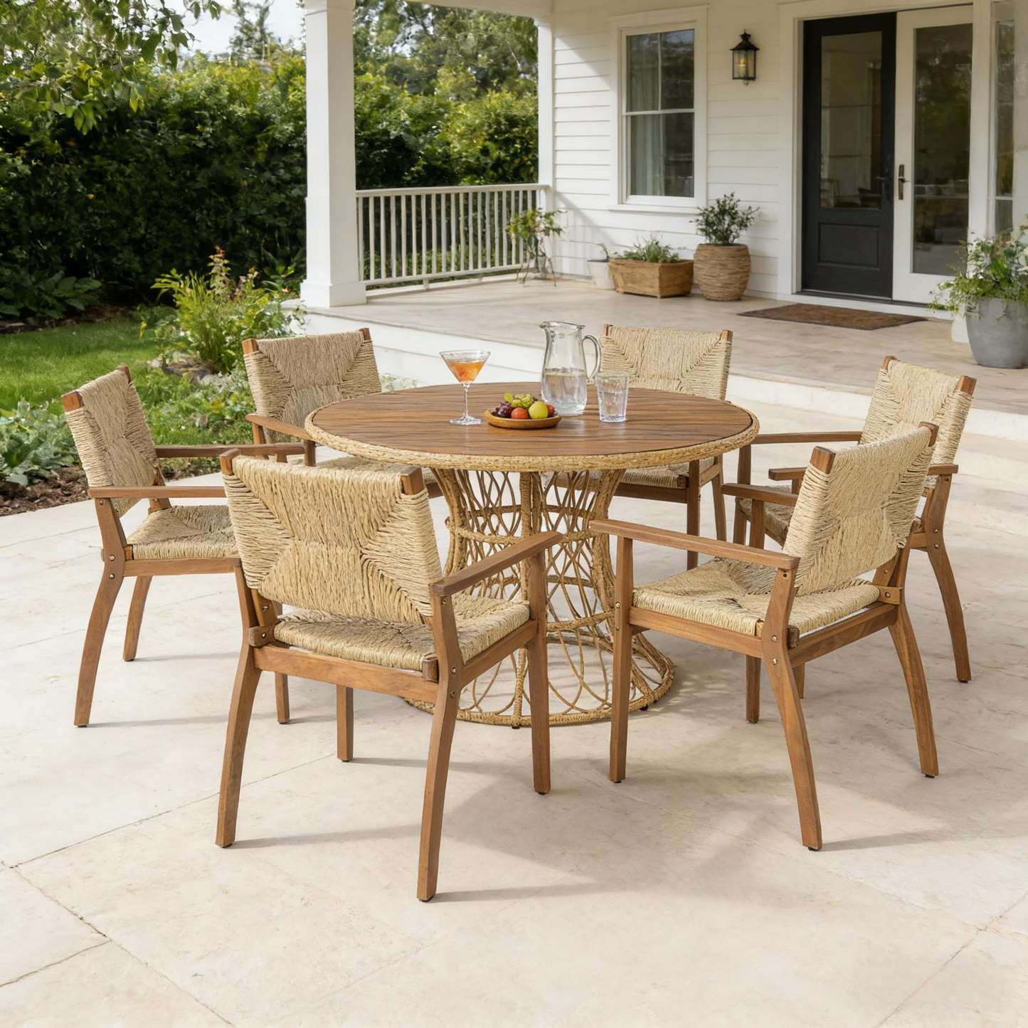 Durable Outdoor Dining Table with Round Acacia Wood Top and Wicker Base