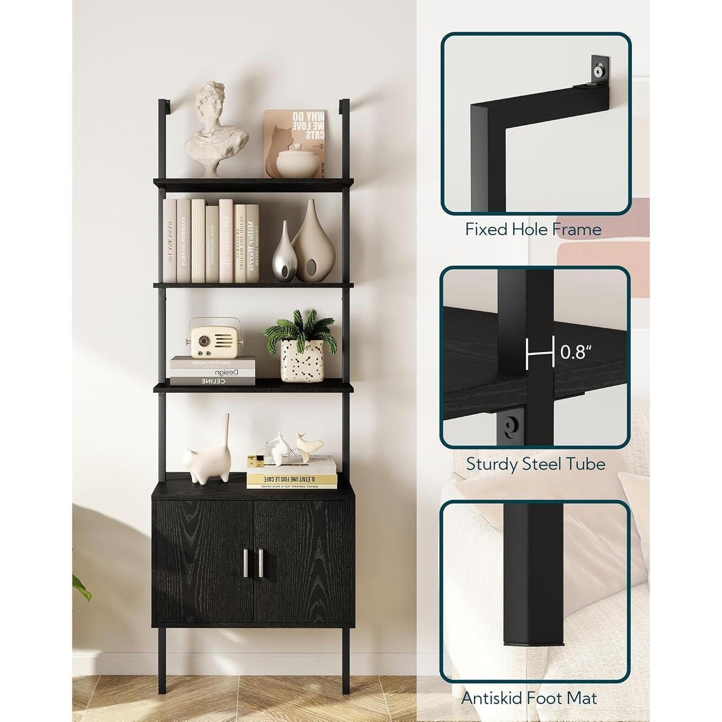 73 Inch Tall Bookshelf Black Wood Grain Living Room