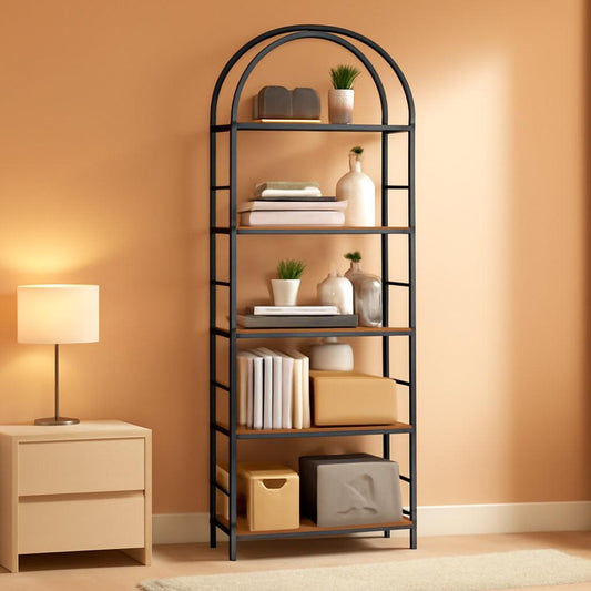 Arched Five Tier Bookshelf Rustic Brown Storage Unit