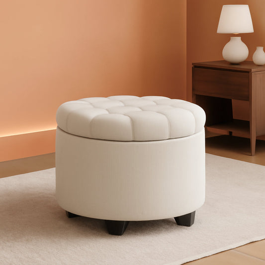 Round Ottoman With Durable Storage Linen-Look Beige
