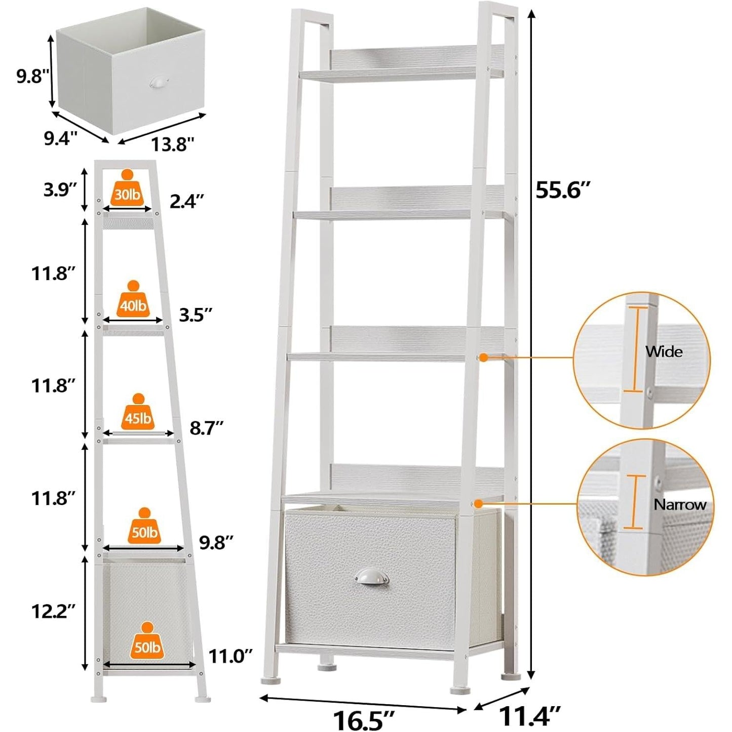 5 Tier White Ladder Shelf With Removable Fabric Drawer