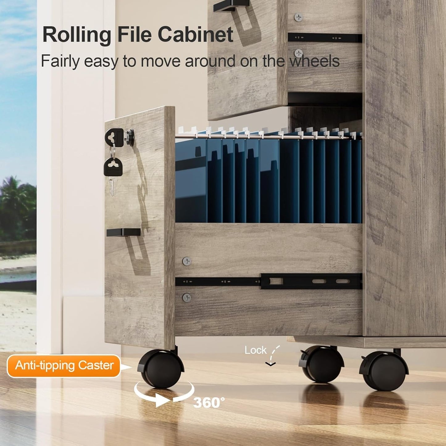 Rolling File Cabinet With Lock And Two Drawers For Letter Files