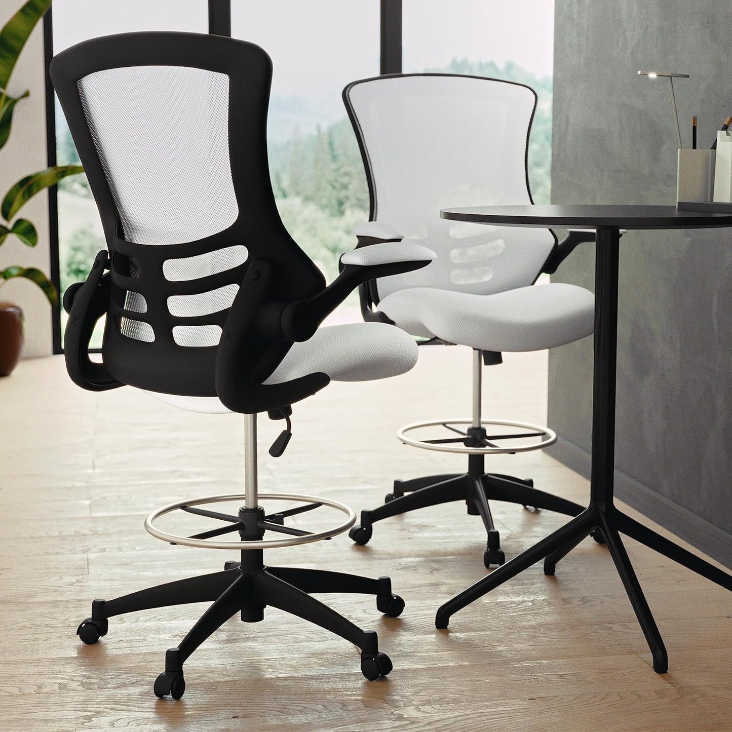 White Mesh Ergonomic Drafting Chair With Flip Up Arms