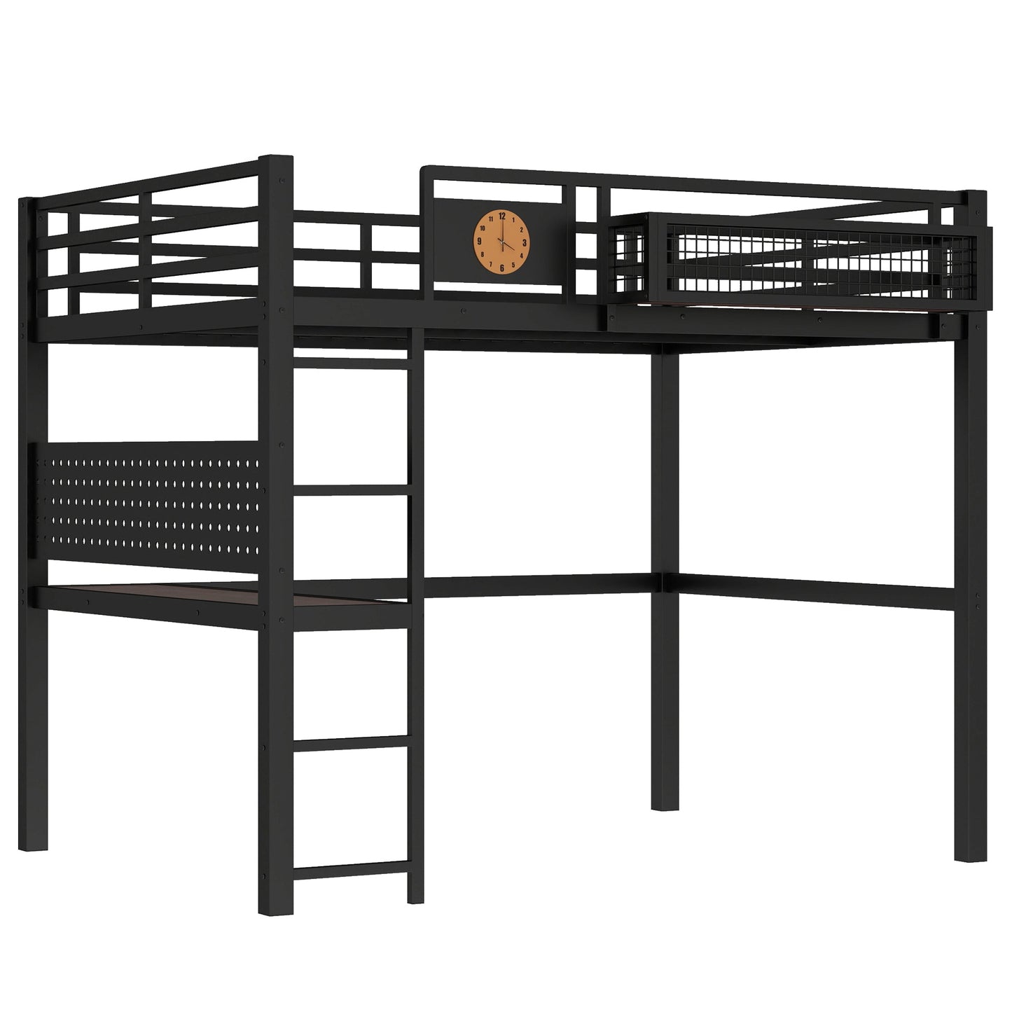 Full Size Loft Bed Frame with Desk and Storage Basket