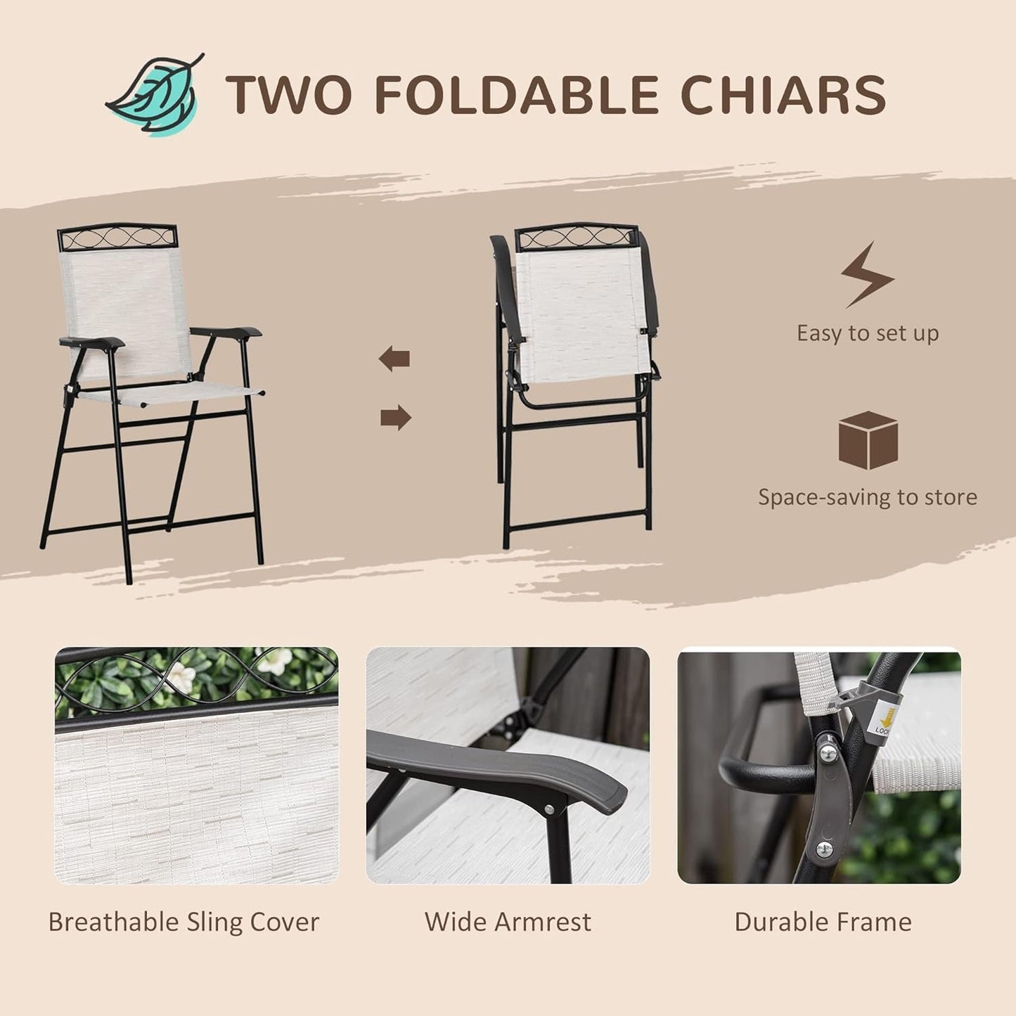 Patio Dining Set With 2 Folding Chairs Beige Umbrella