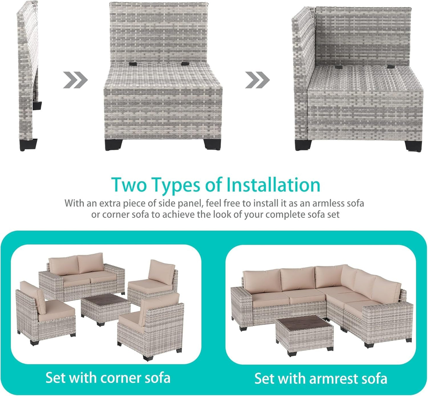 Beige 6 Piece Wicker Patio Sofa Set With Thick Cushions