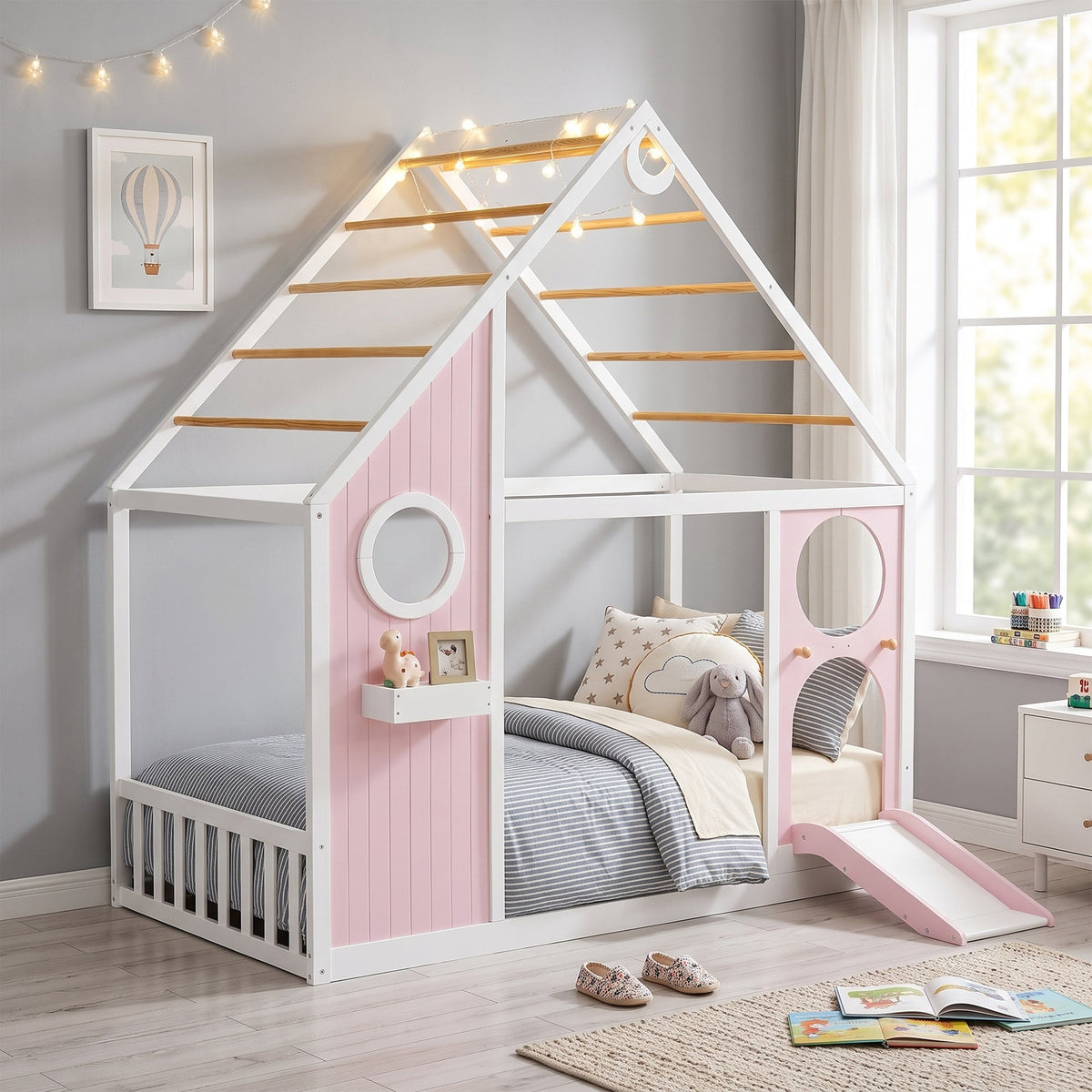 Twin House Bed with Slide, Ball Light Strip, Gray