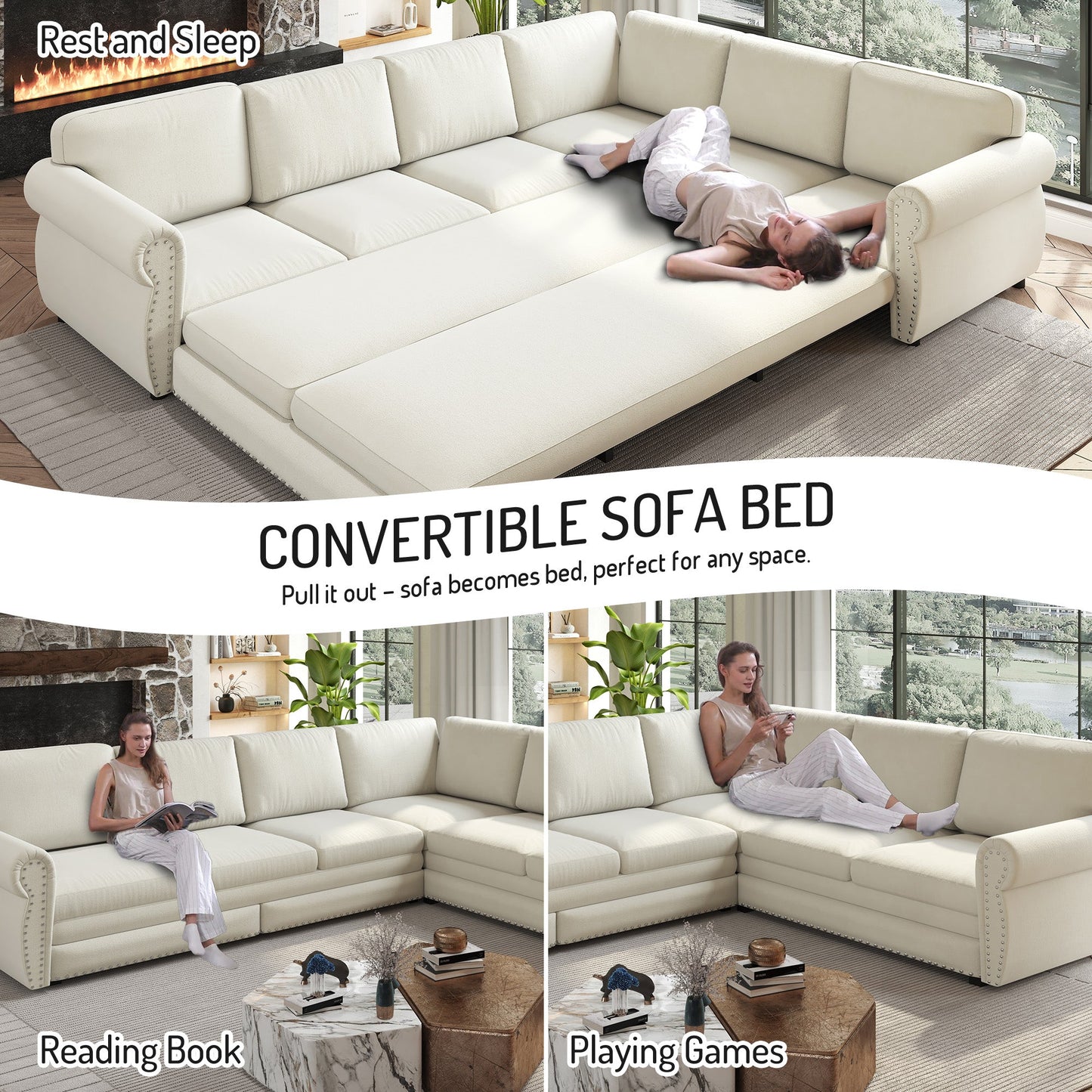 118" L-Shaped Sofa Couch with Pull-Out Bed