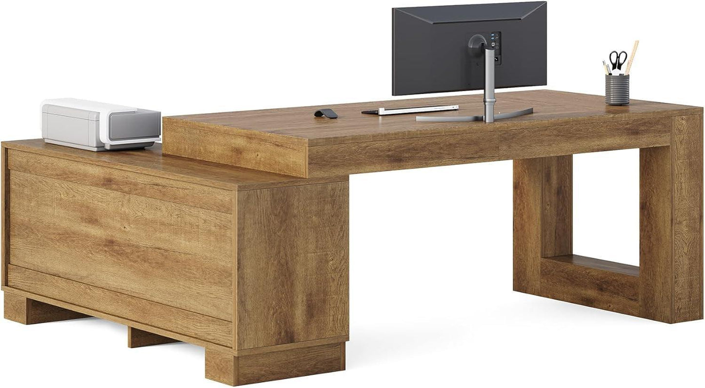 Brown 63 Inch Long L Shaped Desk With Sliding Cabinets