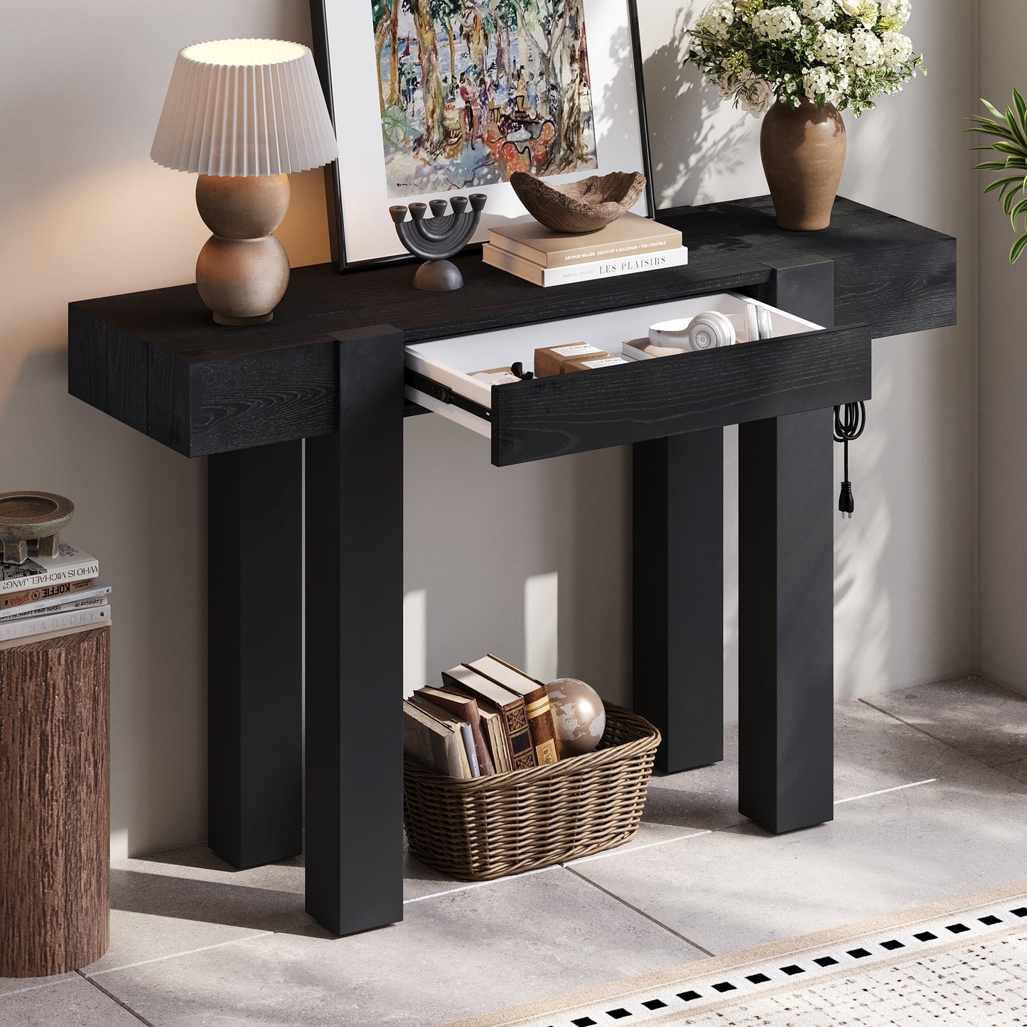 TREXM Rustic Minimalist Console Table with Hidden Drawer