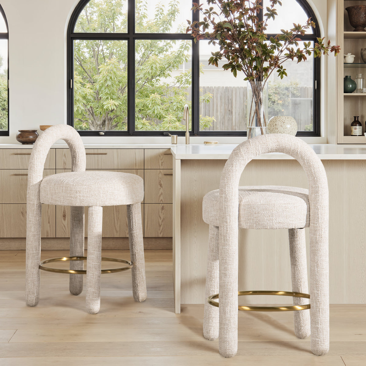 Penny 26.5" Round Arched Upholstered Counter Stool, Set of 2, Travertine