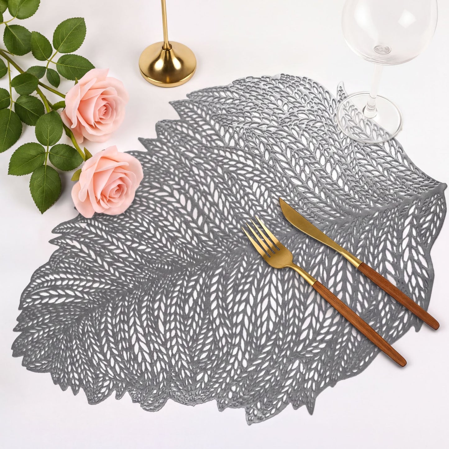 Vinyl Placemats - Leaf Cut Out Silver Set of 6 | Heat Resistant Non Slip Table Mats