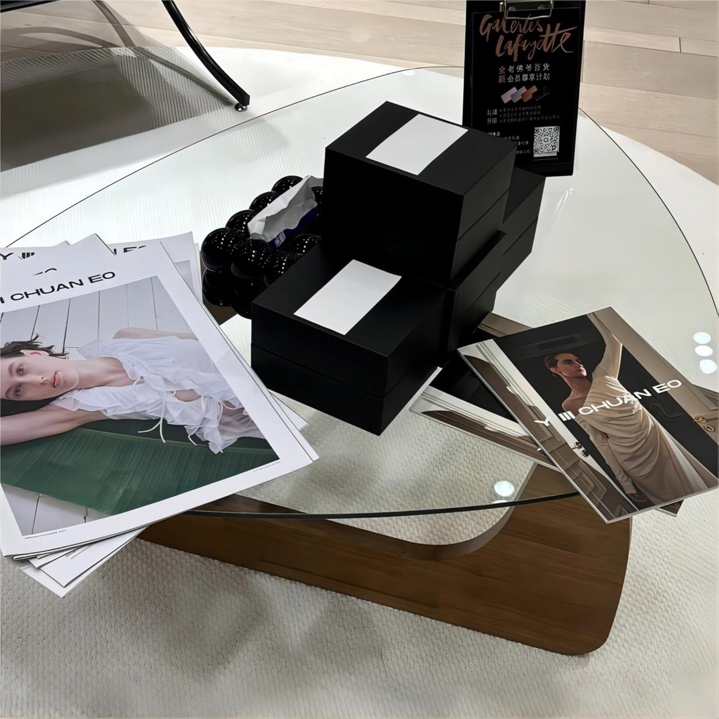 Walnut Clear Glass Oval Coffee Table Diameter 32.68 Inch