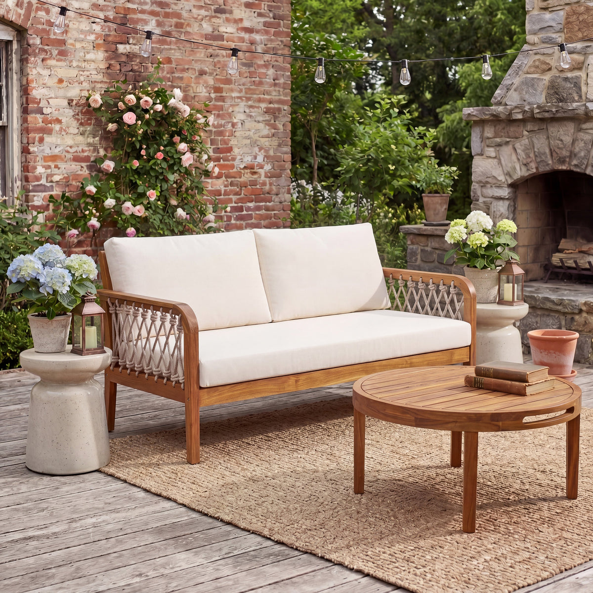 Outdoor Acacia Wood Loveseat & Coffee Table Set with Handwoven Rope