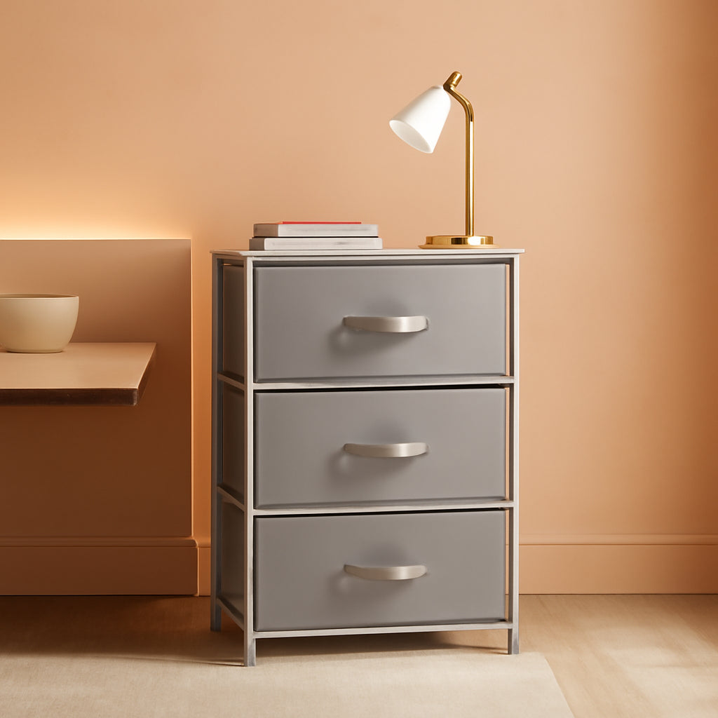 Three Tier Nightstand With Metal Frame And Black MDF Top in a modern bedroom setting with lamp and decor.