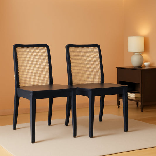 Dining Chairs Set Of 2 Black Natural Rattan Back For Dining Room