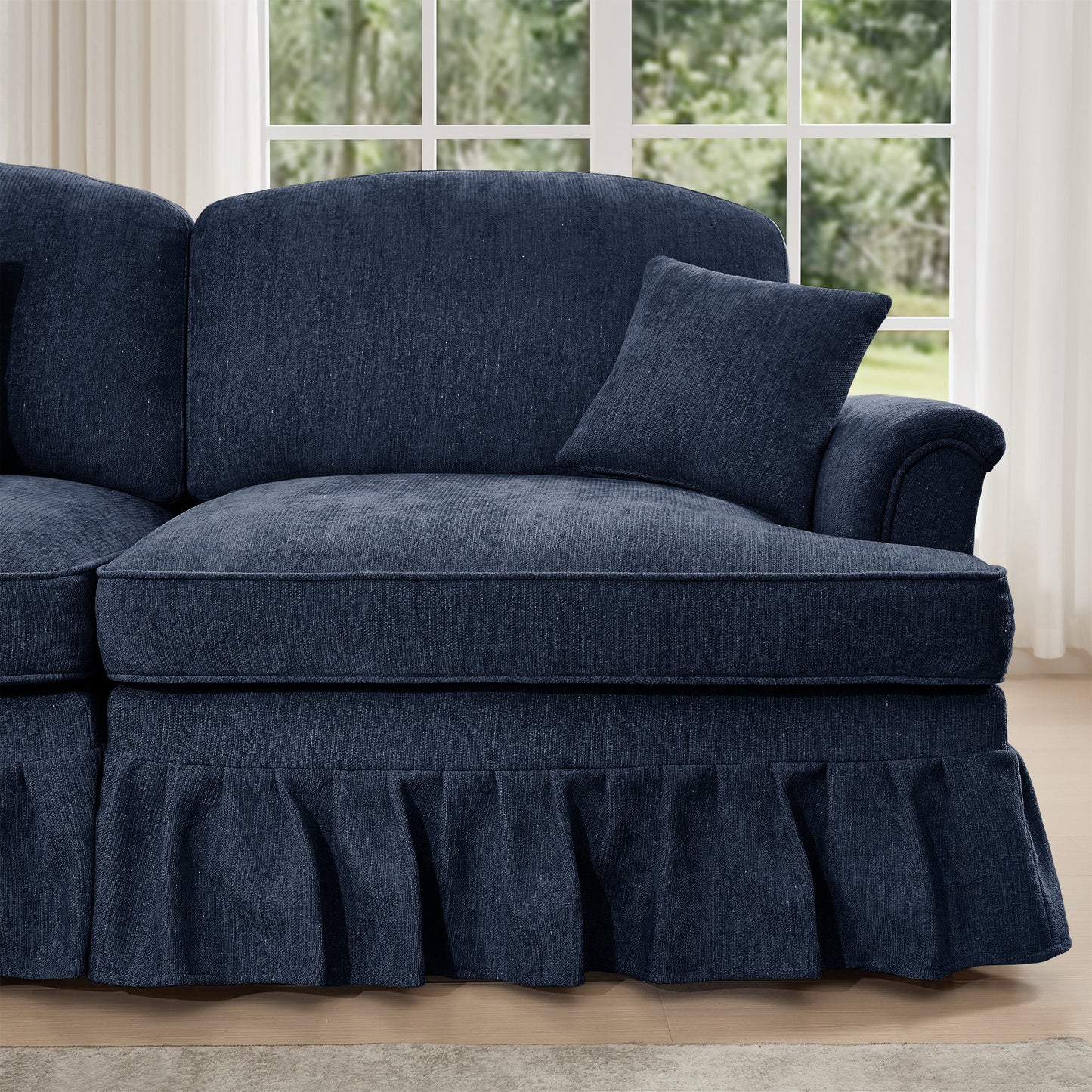 Mid Century Three Seater Modular L Shaped Sectional Couch with Flared Arms and Removable Ruffles Pleats Skirts and Spindle Legs, Comfy Chenille 3-Seat Deep Seat Sofa with Movable Ottoman,Blue