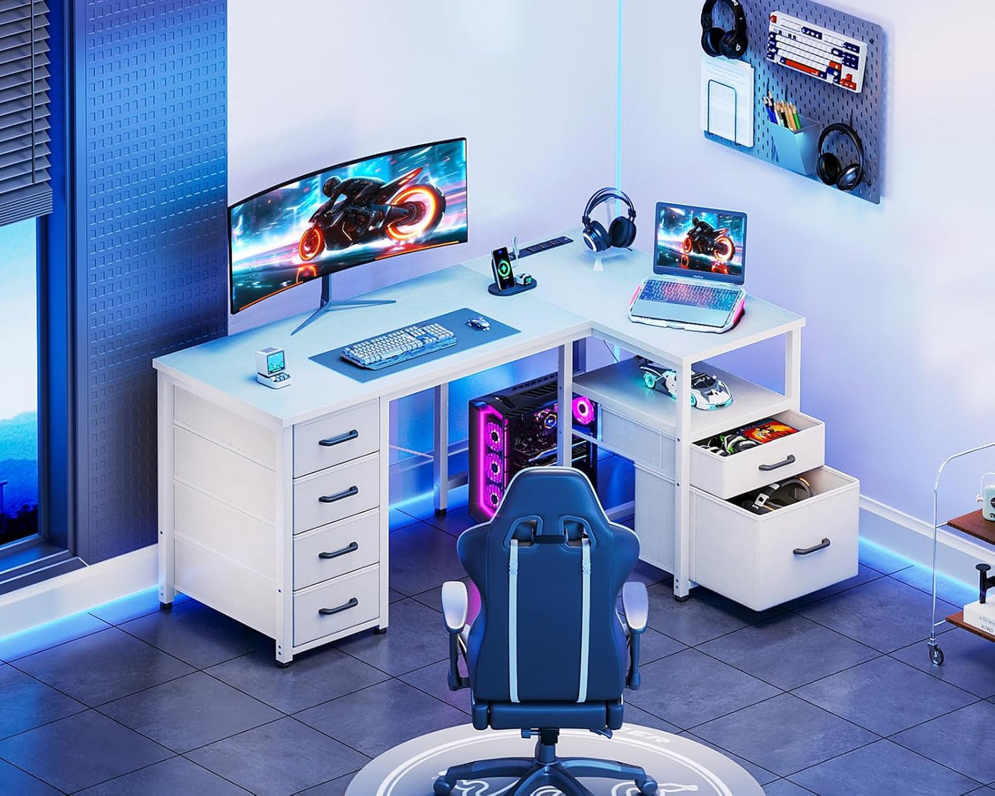 L Shaped Computer Desk 6 Drawers Power Outlet 55In White