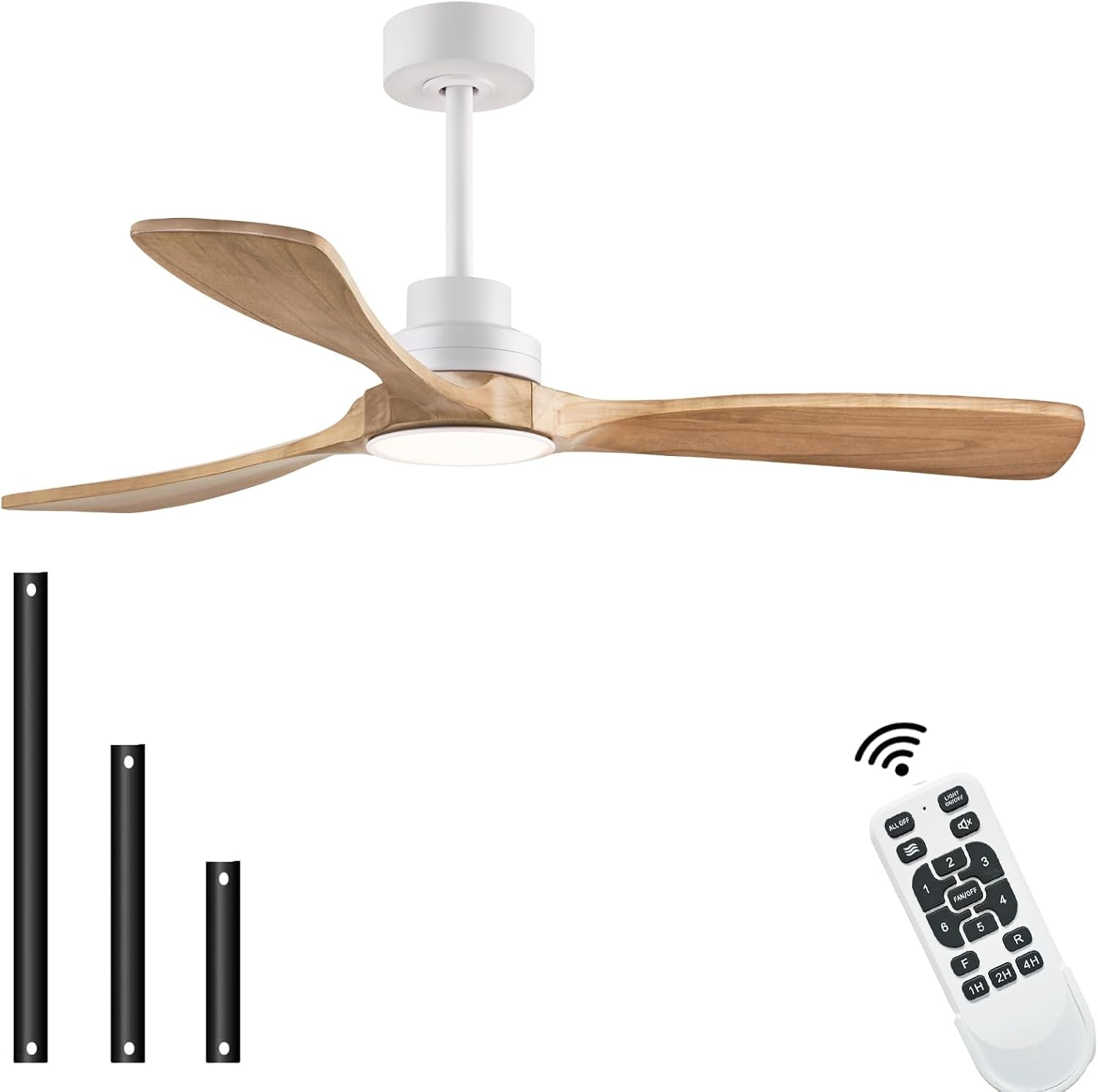 52 Inch Wood Ceiling Fan With Remote For Indoor Outdoor with natural wood blades and integrated LED light.