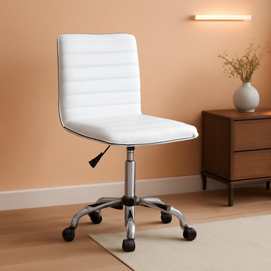 Mid Back Vanity Chair White PU Leather Swivel Office Chair