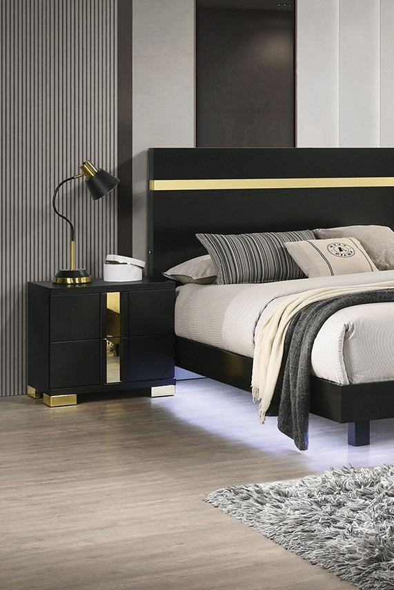Modern Black 3pc Bedroom Set Full Size Bed w LED 2x Nightstands Mattress Ready Furniture Acrylic Trim